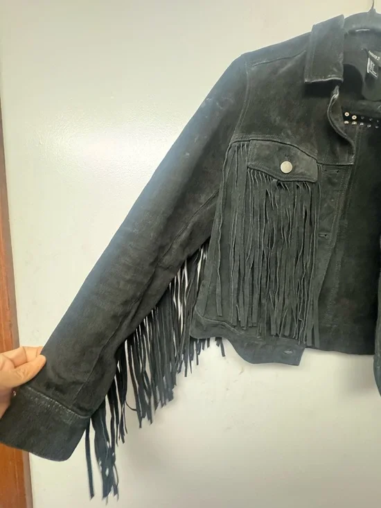 Forever 21 Black Suede Fringe Jacket Spiked Cowgirl Western Festival Punk Small - Picture 8 of 15